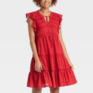 Knox Rose Red Flutter sleeve tiered ruffle tassels dress